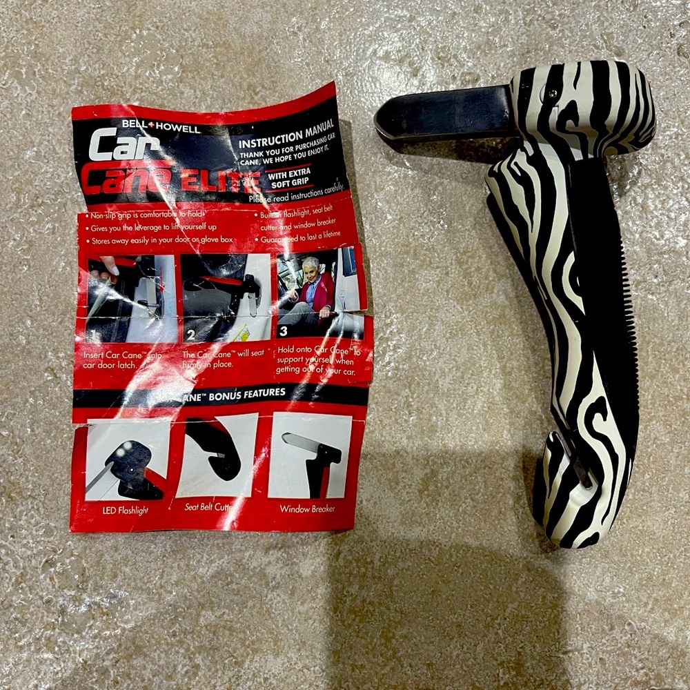 Zebra Print Car Cane with LED Flashlight and Seat Belt Cutter